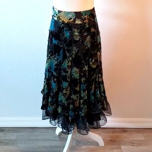 Manyus Vintage 100% Silk Burnout Velvet Skirt With Tulle Lining Ruffle Hem Small